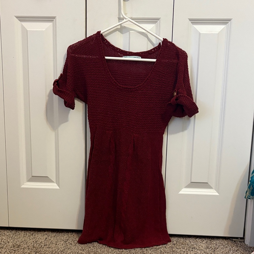 Burgundy Knit Top with Rolled Sleeves